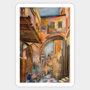 Via Dolorosa Arch of ecce homo Jerusalem. Painting on silk Sticker